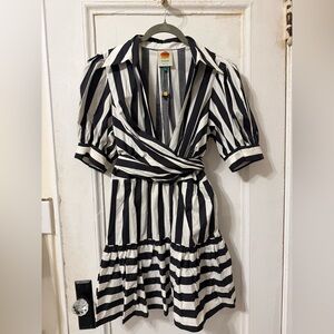 FARM Rio Medium Black Mixed Stripes Short Sleeve Mini Dress NWTOT